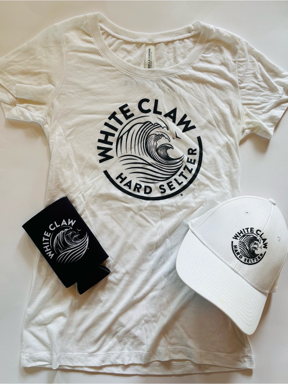 White Claw Hard Seltzer Logo Tee & Hat & Koozie Set White Black Print